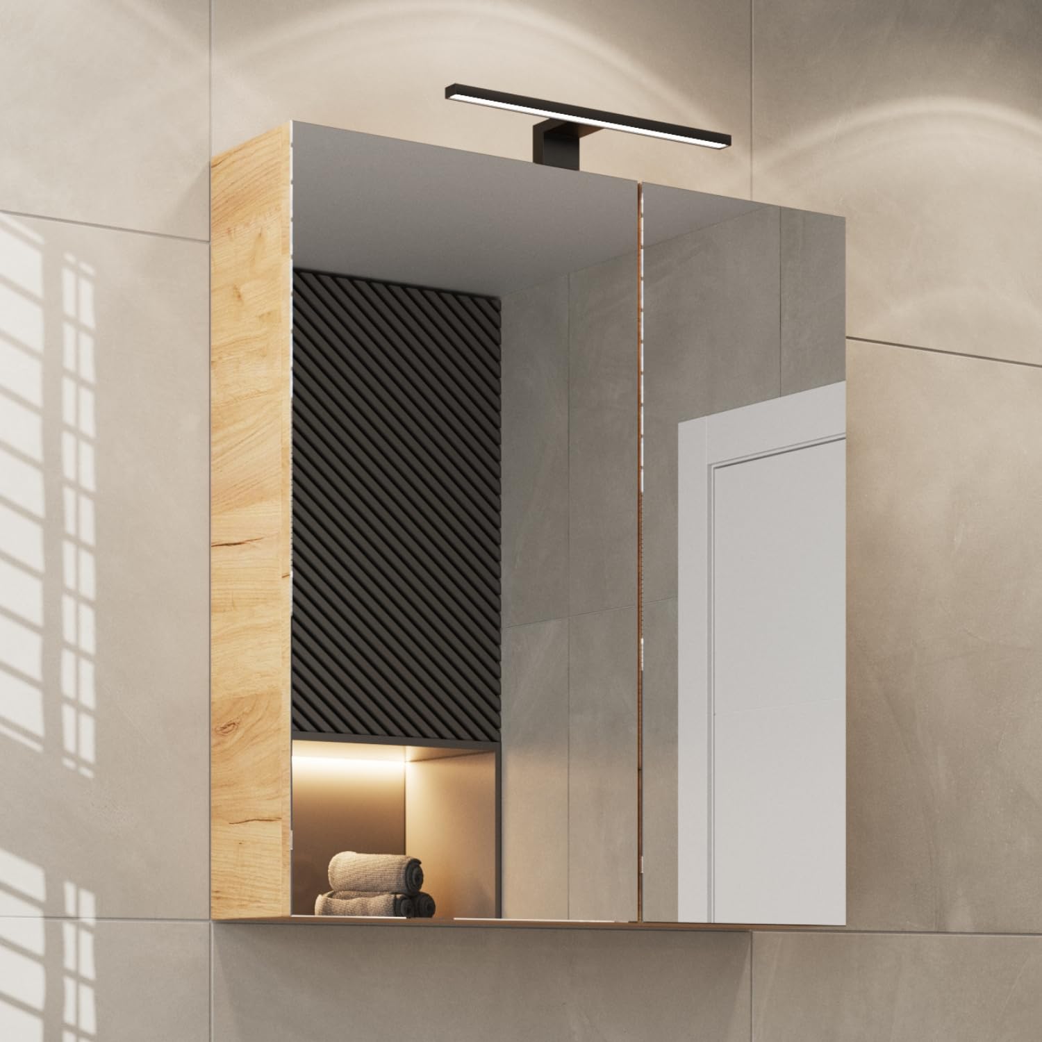 Planetmöbel Armoire de Toilette avec éclairage LED 60cm chêne doré