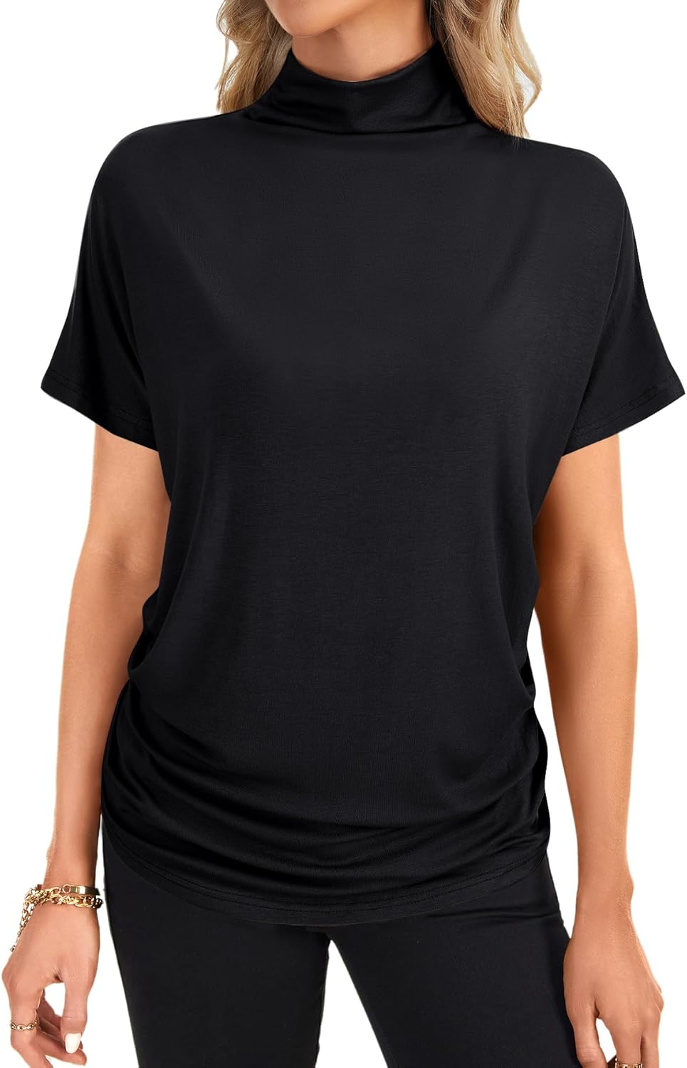 LYANER Women's Casual Mock Neck Ruffle Short Sleeve Summer Blouse Shirt Top - Image 2