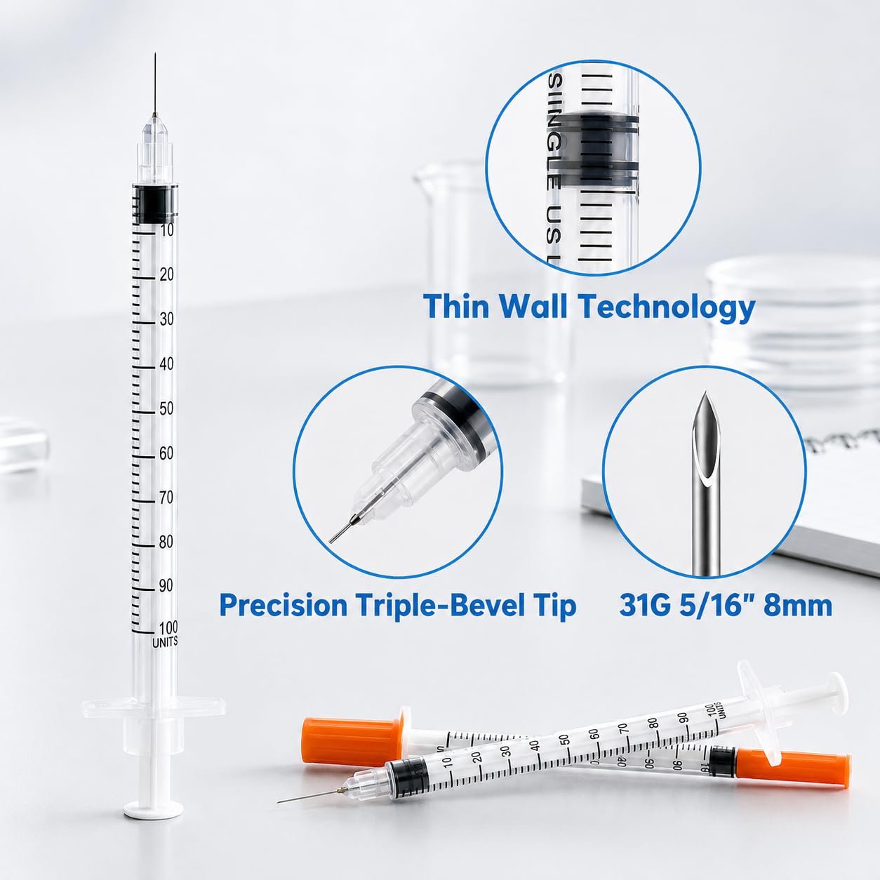 Pack of 100 Syringes U-100 31G 5/16" 1ml, Disposable Syringe, Lab Supplies — Amazon image 5