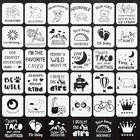 30 Pack Baby Shower Stencils Cute Onesie Stencil Mixed Animals Pattern Painting Stencils Templates Reusable for Painting Bodysuit Bags Shirts Cover