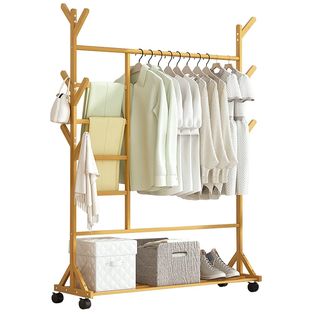 Portant à vêtements en bambou à roulettes de 100cm de large et étagère élégante