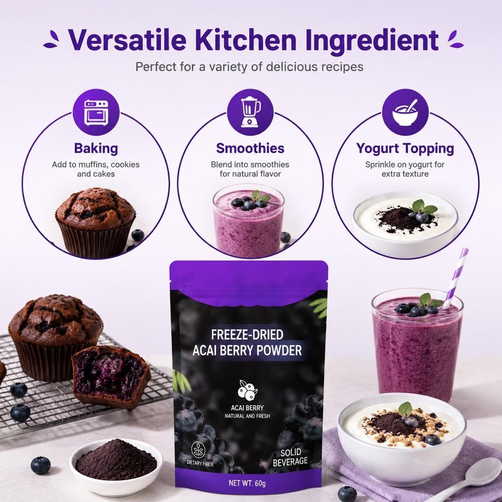 Polvere di bacche di acai liofilizzate, busta stand-up da 60 g | Polvere di Acai liofilizzata, macinata fine, facile da miscelare for bevande e dolci