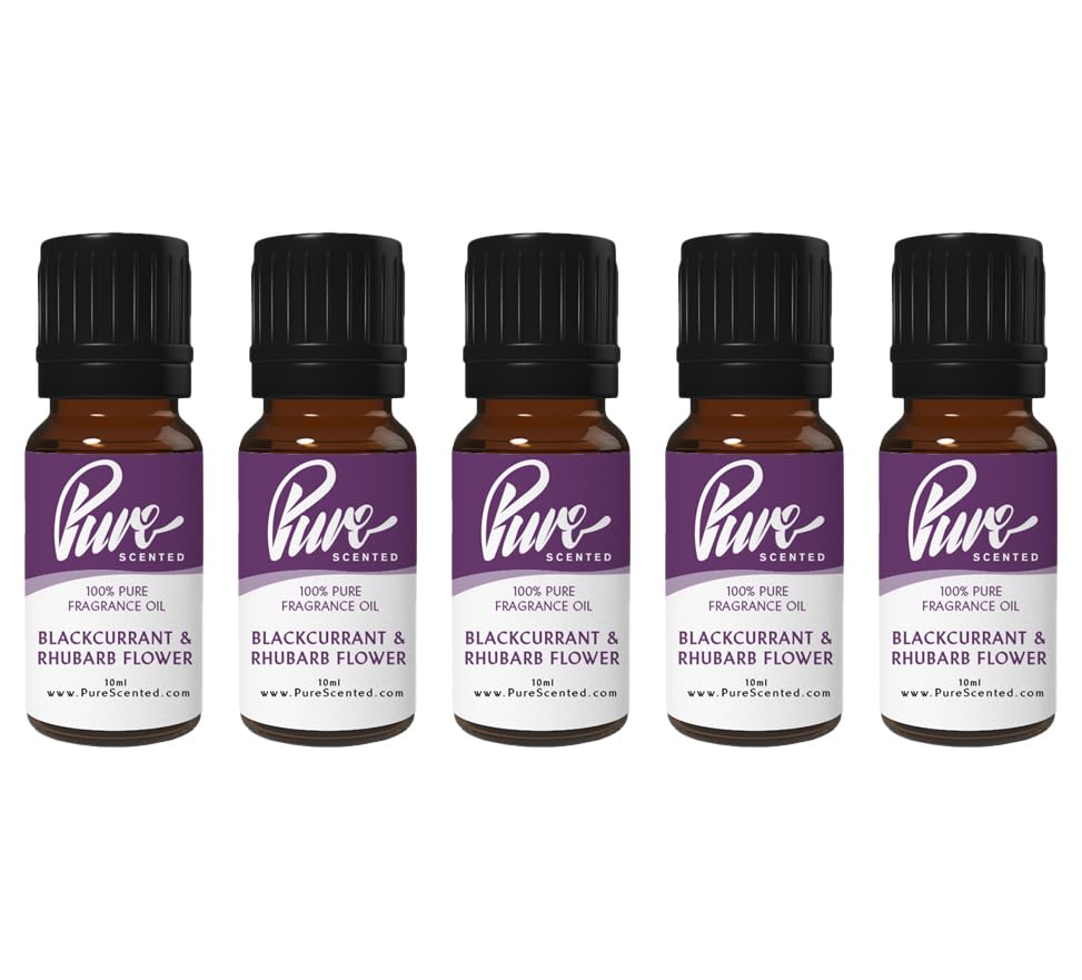 Pure Scented 50ml Fragrance Oils - 5 x 10ml Suitable for Candles, Soaps, Slime, Diffusers, Cosmetics, Wax Melts, Designer (5 x 10ml, Blackcurrant & Rhubarb Flower)