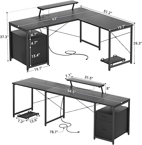 Miniatura 3 de Unikito Escritorio en forma de L con toma de corriente y tira LED, escritorio esquinero en forma de L con cajón reversible de archivos y soporte