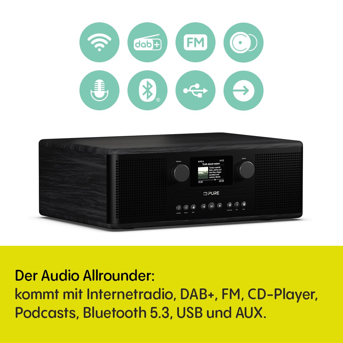 Pure Classic C-D6i – All-in-One Internetradio mit WLAN, DAB+/FM, Bluetooth 5.3, CD-Player, USB, AUX, 150 Speicherplätze, 2X 15W Stereo-Sound, Farbdisplay, Wecker & Sleep-Timer – Schwarz