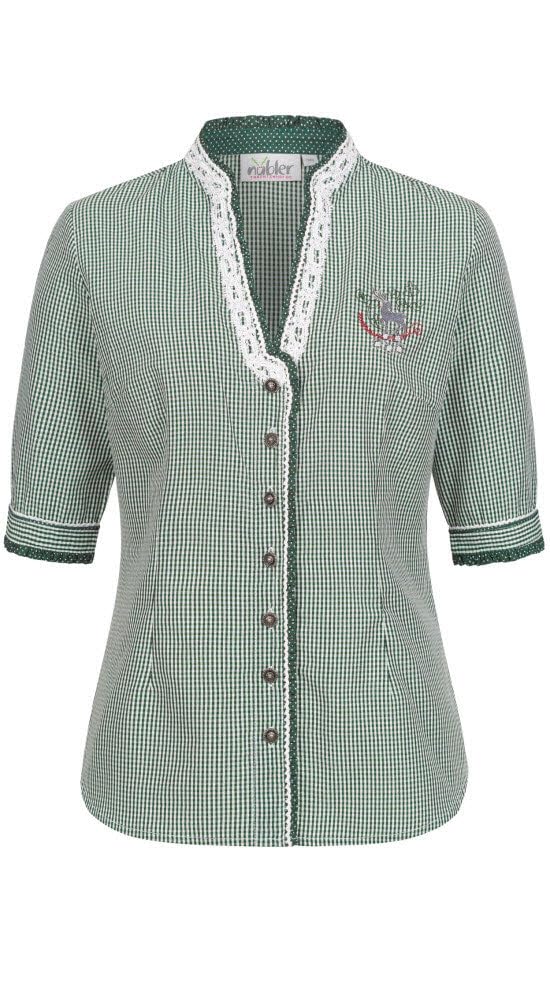Nübler Trachtenbluse Damen - Kurzarm, V-Ausschnitt, klassischer Trachtenlook - Moderne bayrische Tracht, Sandy in Grün