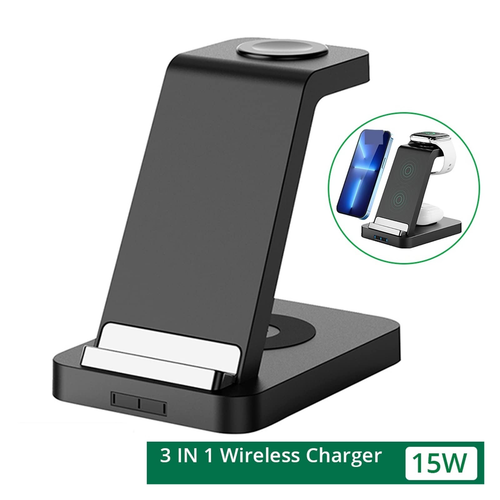 Chargeur Induction, Station de Charge sans Fil 3 en 1 for téléphone Chargeur sans Fil Rapide 15W for Montre écouteur, Station de Charge sans Fil(Zwart)
