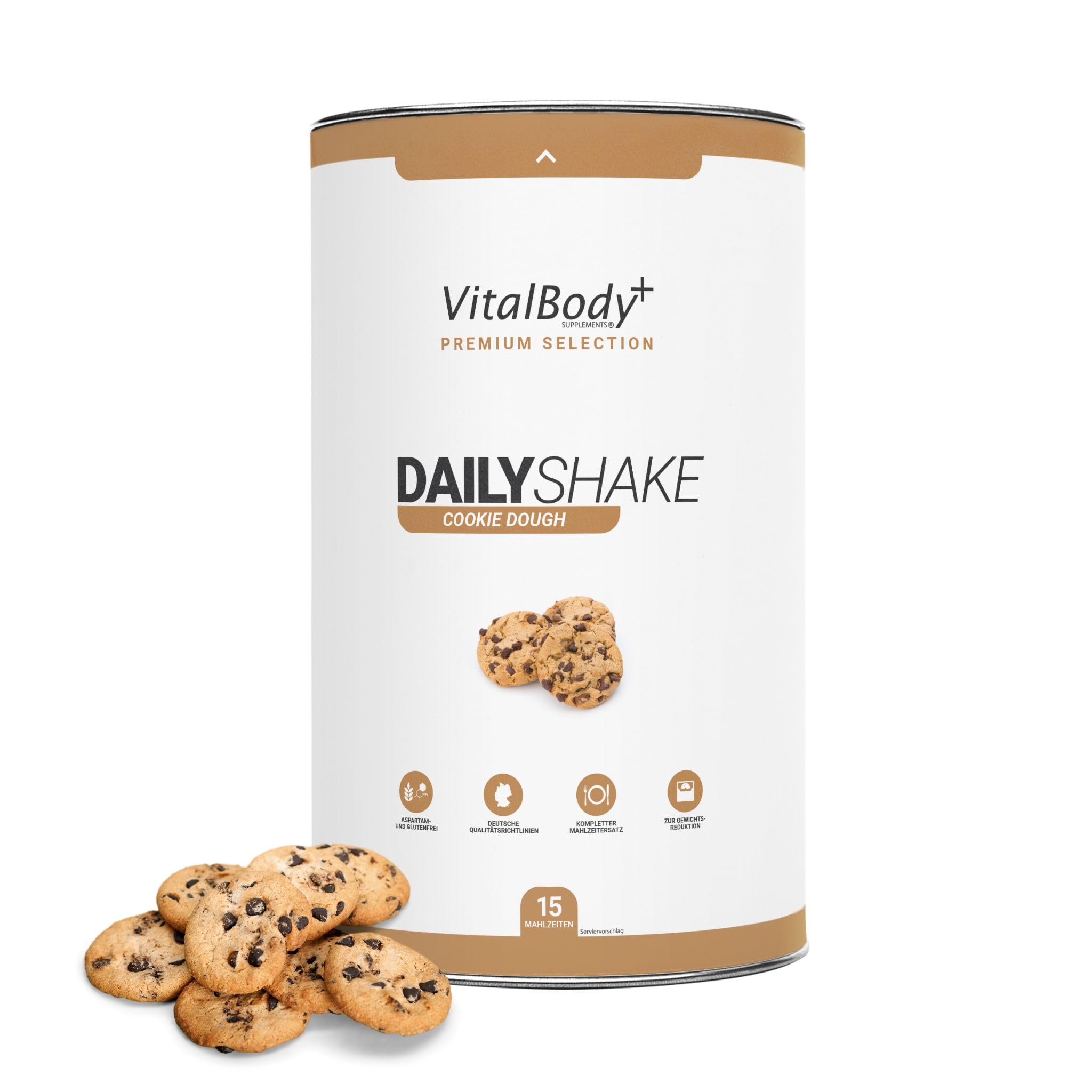 VitalBody+ DailyShake, Cookie Dough, 450 g, Mahlzeitenersatz-Shake zum Abnehmen, 15 Mahlzeiten, nur 250 kcal pro Shake, vollwertig & kalorienarm ersetzen