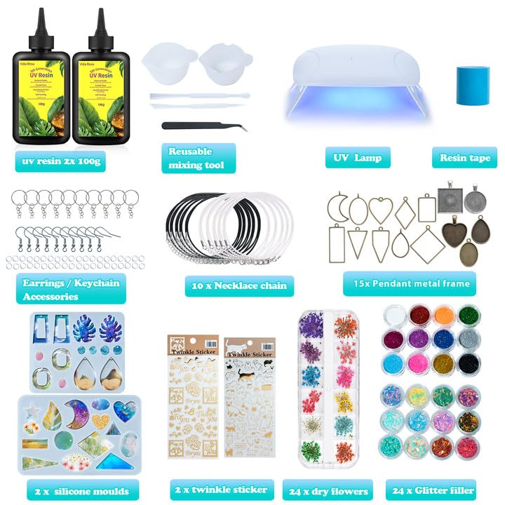 Kit Resina UV Completo Vida Rosa Con Lampada, Stampi In Silicone, Glitter E Accessori, Per Creare Gioielli Fai Da Te, Indurimento Rapido