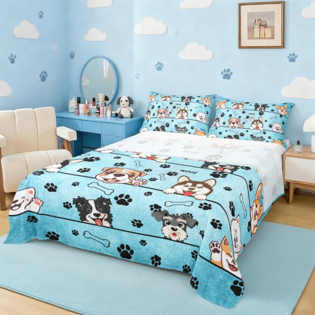 Manfei Cute Dog Fitted Sheet Set Full Size 4 Pcs,Black Paw Print Blue Teens Sheets,Cartoon Puppy Pet Animals Bedding Sets (1 Fitted,1 Flat,2