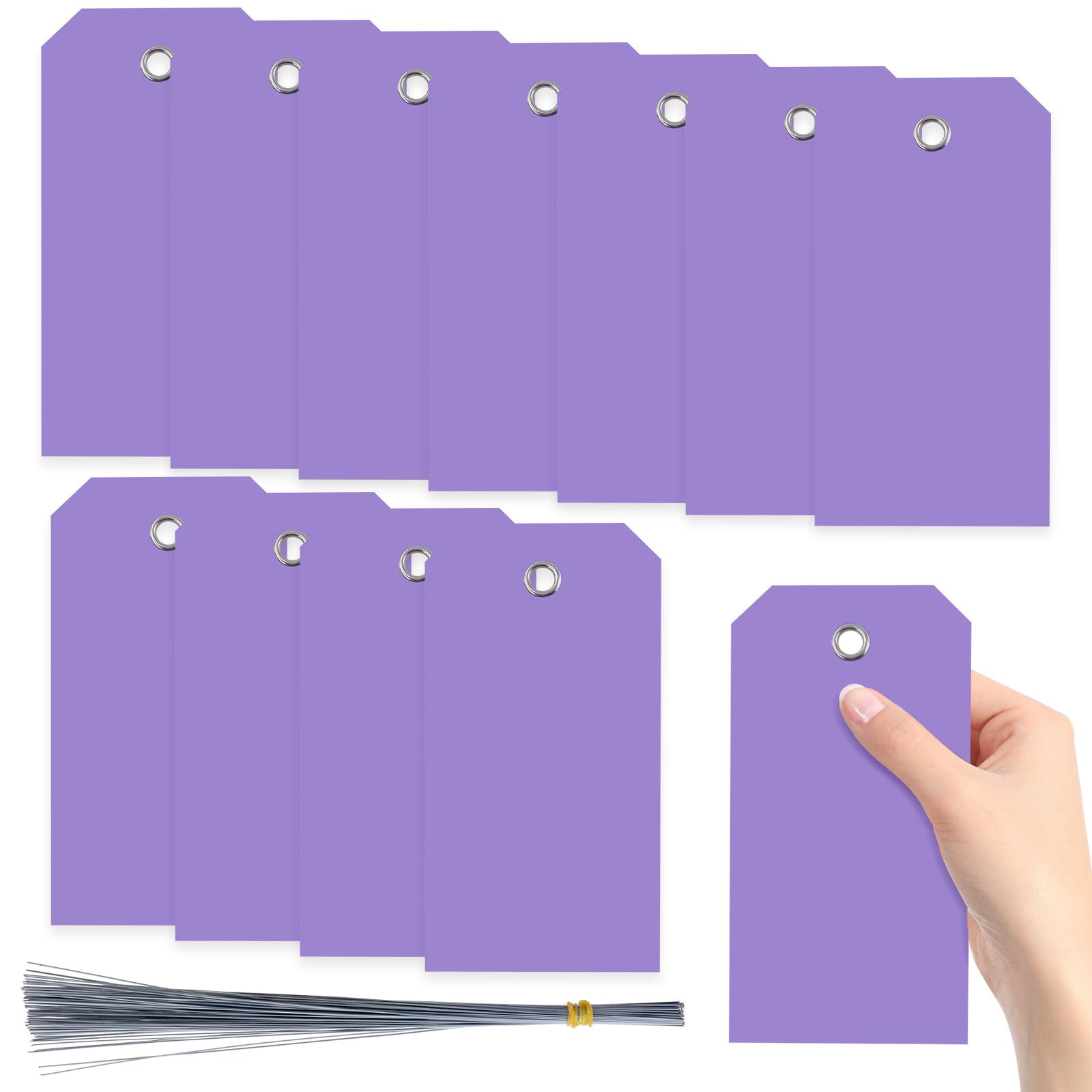 Swpeet 200Pcs Purple 6.29"x3.14" Waterproof Writable Eyelet Hole Plastic Tags with Wires Assortment Kit, Hanging Tags Attached Eyelet Blank Tag for