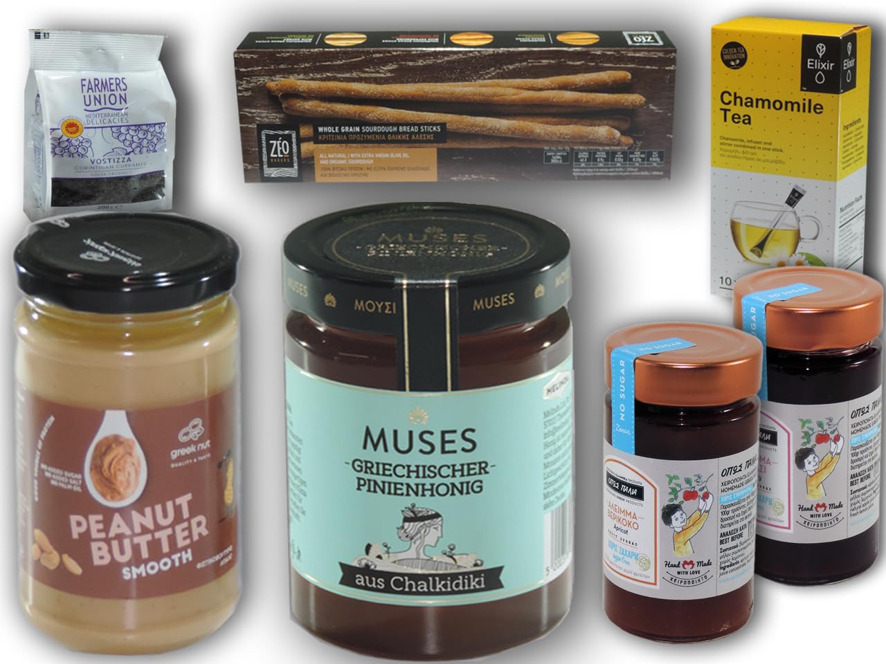 Sweet Greece Coffret Petit-Déjeuner|Produits grecs(7 pièces).Miel de Chalcidique,confitures sans sucre,raisins secs,thé à la camomille,beurre de cacahuète,gressins.Petit-déjeuner méditerranéen sain.