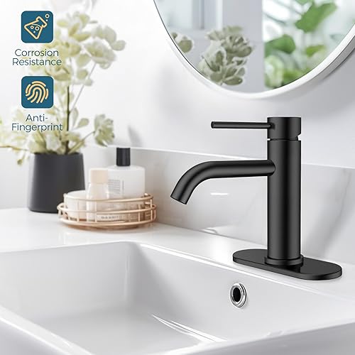 Miniatura 2 de FORIOUS Grifos de baño de 1 agujero, grifo de lavabo de baño negro mate con montaje de drenaje desplegable de metal, juego de grifo de tocador de un