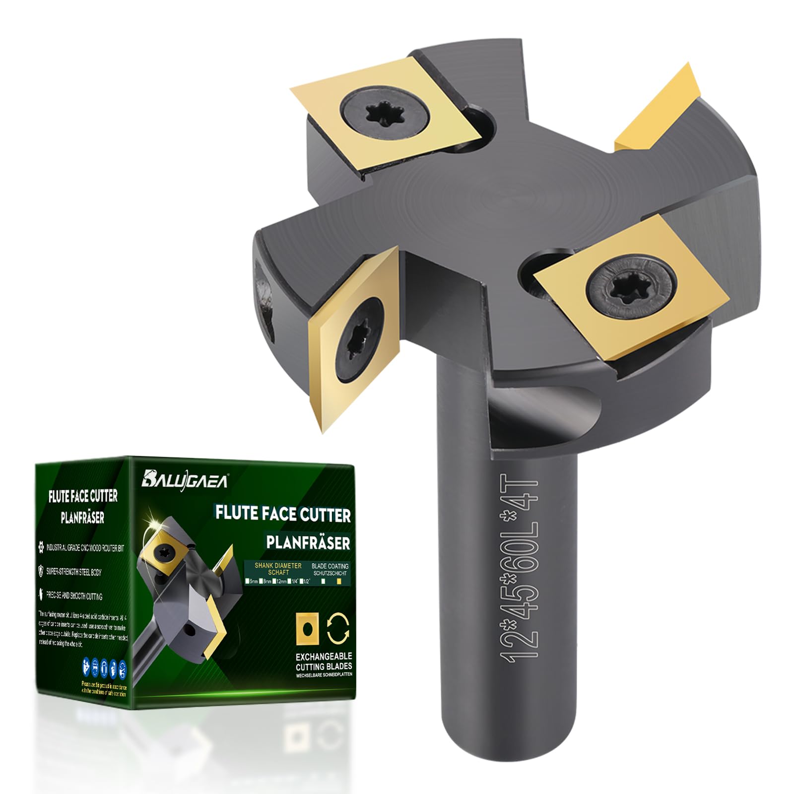 Frez czołowy 12 mm, średnica trzpienia 45 mm, frez do strugania drewna, frez do spłaszczania z twardego metalu TiN-besch, 12 x 12 x 2,2 mm, CNC frez czołowy do frezarek powierzchniowych