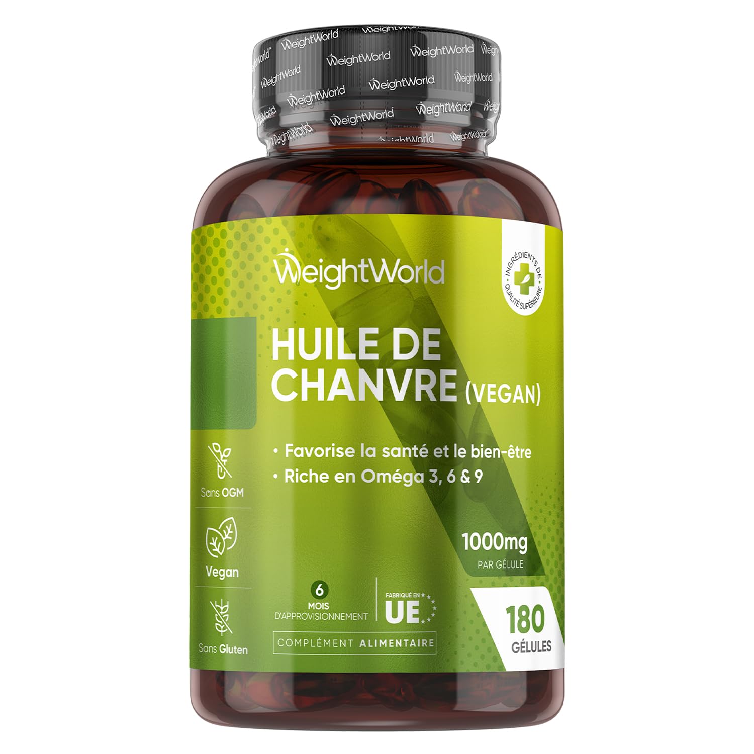 Huile de Graines de Chanvre 1000mg, 180 Gélules Omega 3 Vegan (6 Mois), Huile de Graines de Chanvre Pressées à Froid Riche en Omega 3 6 9 avec Acides Gras Essentiels et Vitamine E sans Arrière Goût