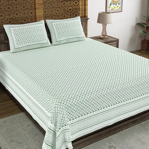 Image of BLOCKS OF INDIA Hand Block Printed 200 TC Cotton Super King Size Bedsheet (Light Green GAD BUTI)