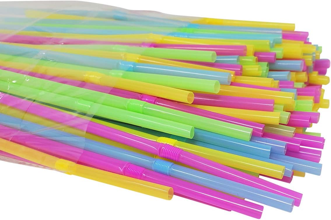 Flexible Plastic Straws (600 Pack) Neon Colors Disposable Bendy Straw 7.5" bendy for Party : Health & Household