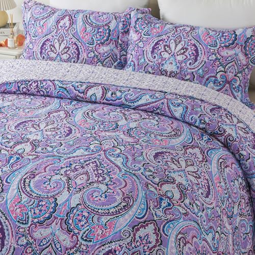 NEWLAKE Cotton Bedspread Quilt Sets-Reversible Patchwork Coverlet Set, European Purple Floral Pattern, King Size