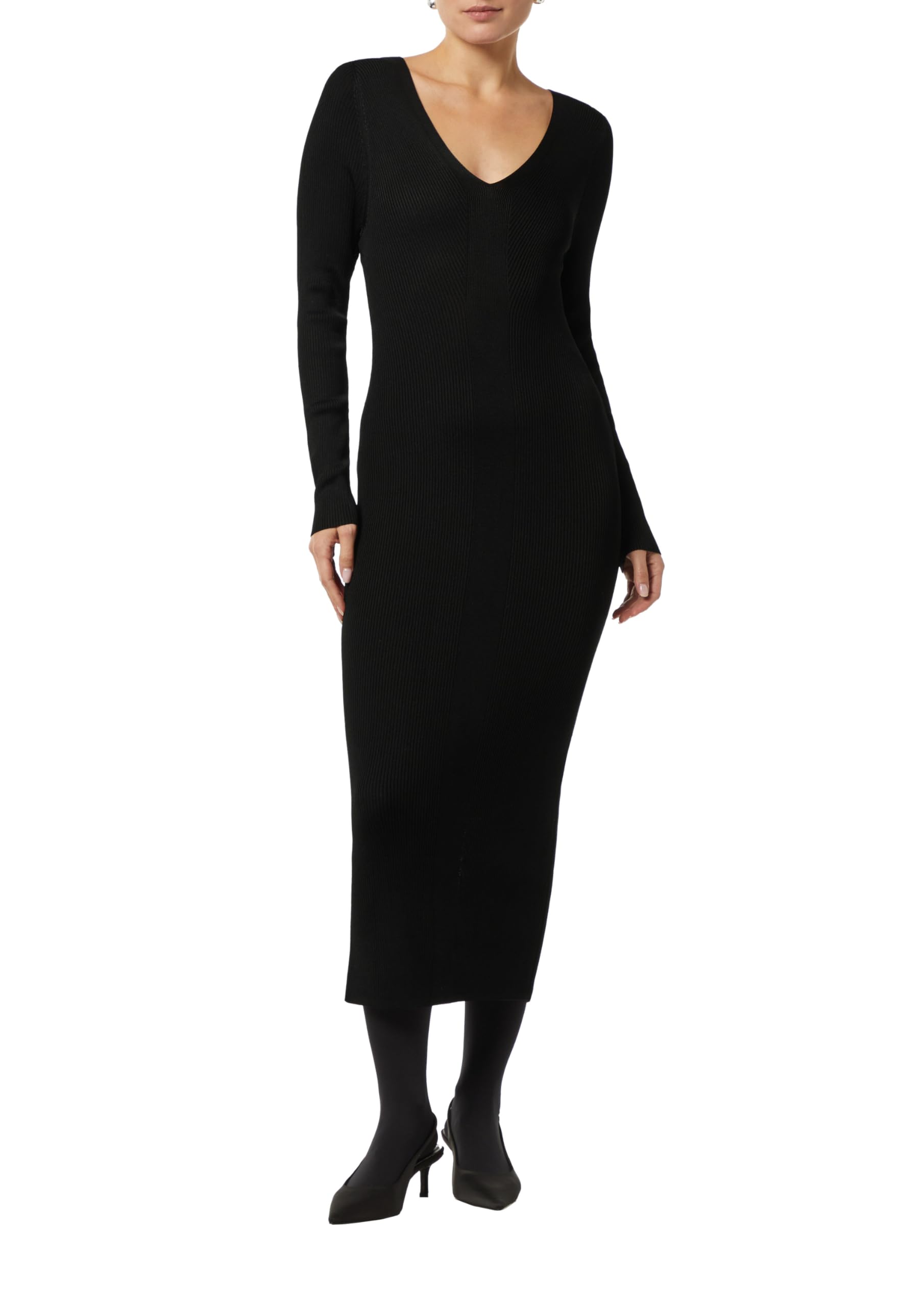 Comma Geripptes Slim-Fit-Kleid mit V-Ausschnitt