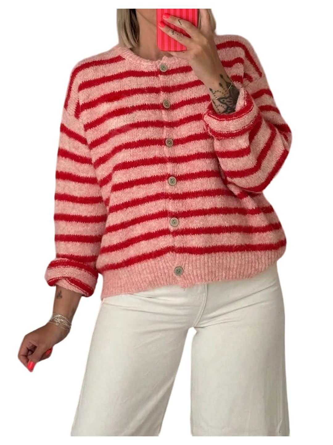 Milumia Womens Striped Button Up Cardigan Sweater Y2k Fall Long Sleeve Crewneck Oversized Sweater Top