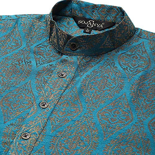 Image of Sojanya (Since 1958 Men'S Cotton Linen Blue Foil Printed Only Long Kurta