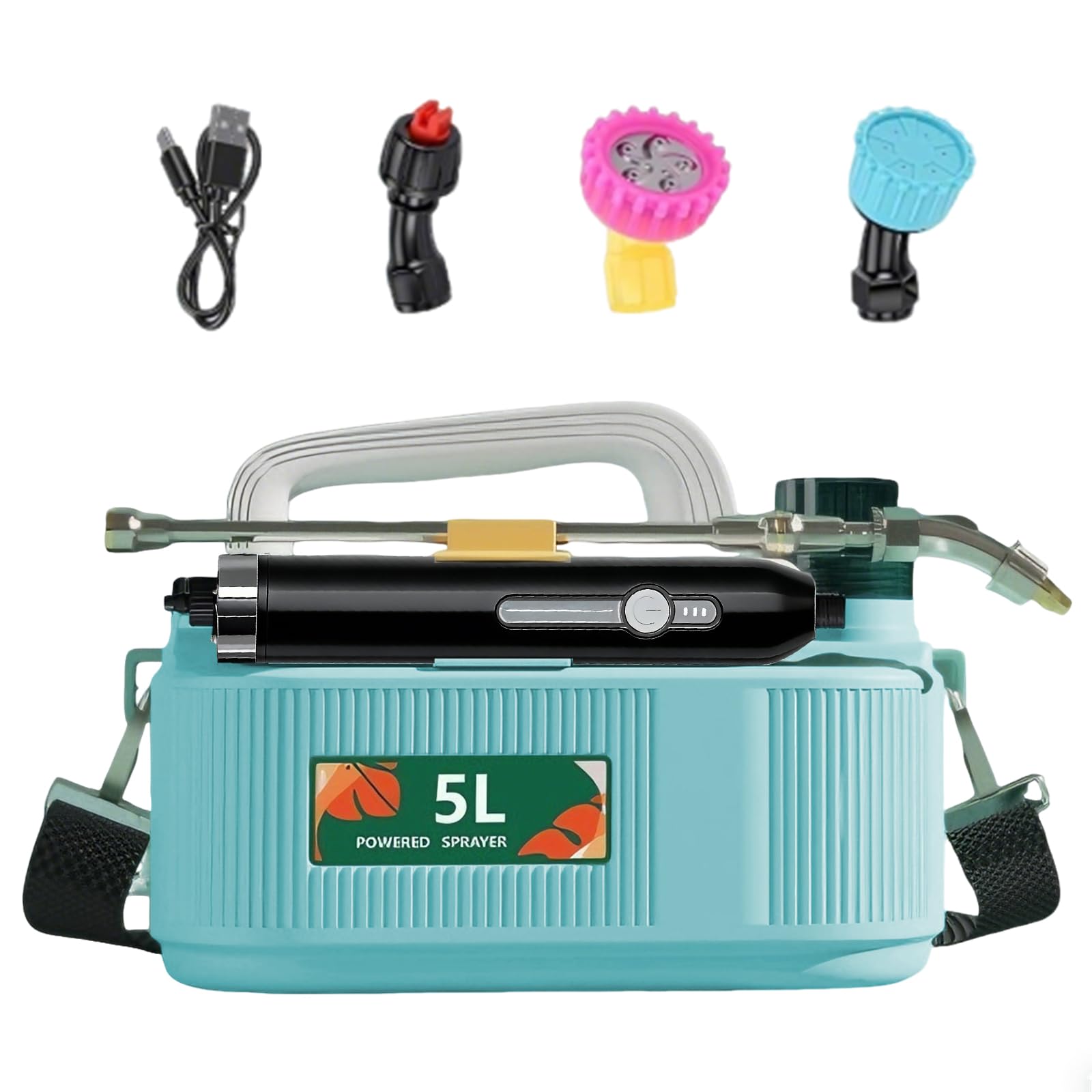 Spruzzatore a pressione a batteria da 5 litri, spruzzatore elettrico per piante con 3 ugelli, spruzzatore a pressione a batteria per irrigazione da giardino, controllo dei parassiti in agricoltura