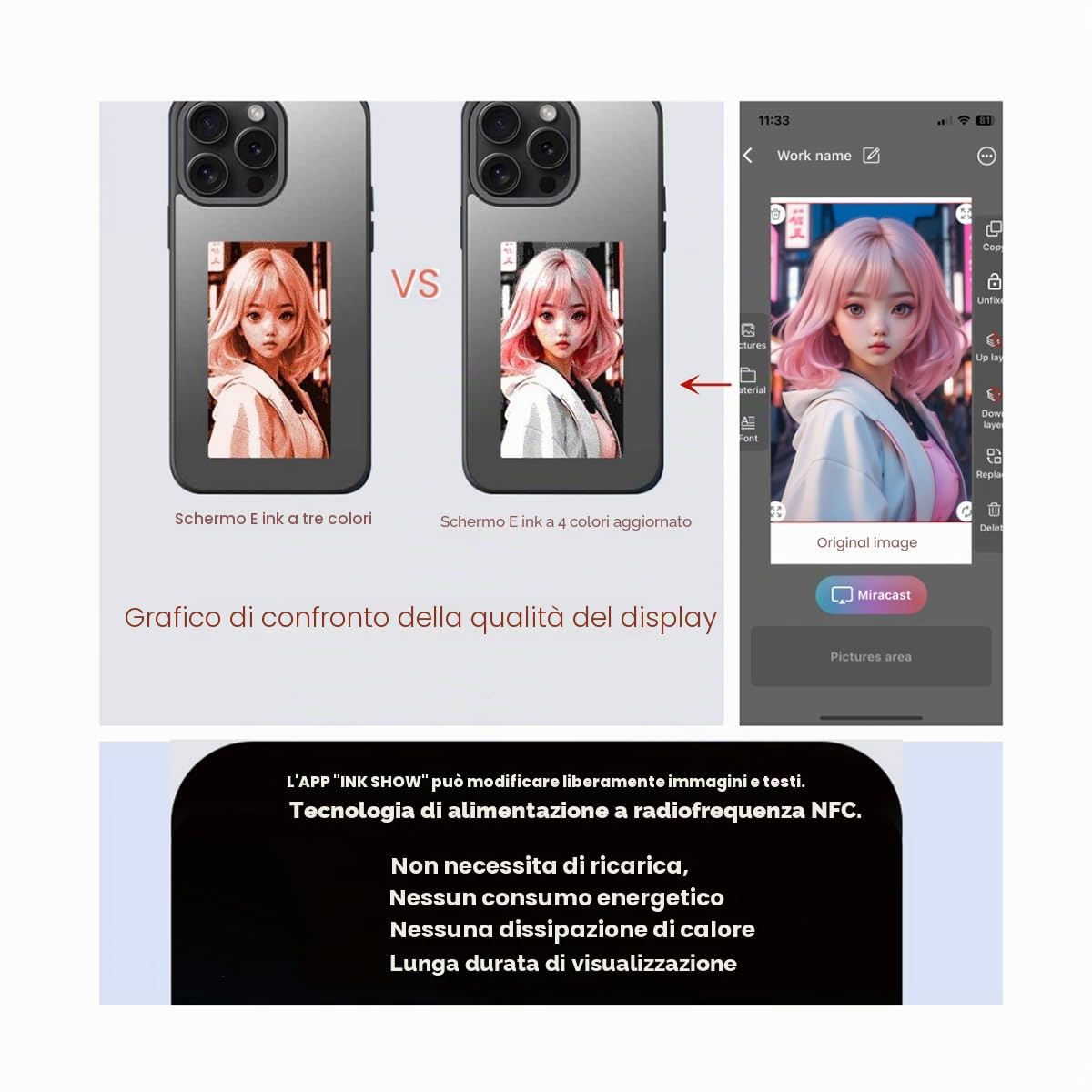 Custodia aggiornata per smartphone con schermo a 4 colori e inchiostro Trasmissione NFC fai da te per immagini/immagini/foto/testo per iPhone 16 (nero)