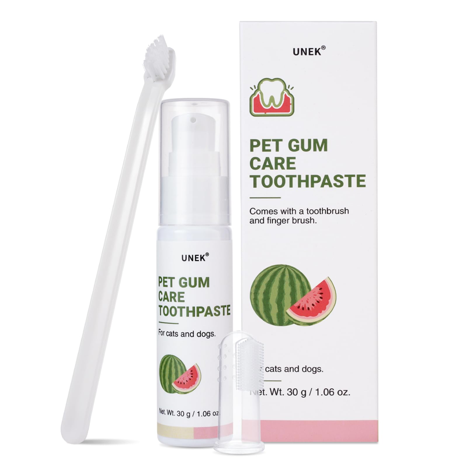UNEK Gum Care Toothpaste for Dogs & Cats – Watermelon Flavor, with Toothbrush & Finger Brush, Dental Care Set, Soothes Gums, Freshens Breath, 30g