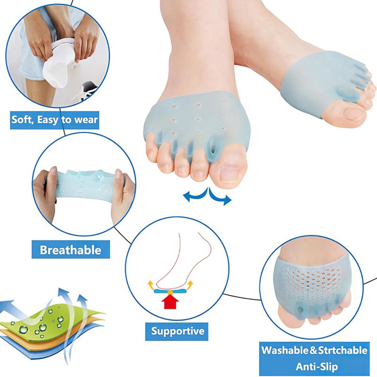Cuscinetti metatarsali, separatori per dita dei piedi, in silicone, distanziatori per dita dei piedi, cuscinetti per avampiede, traspiranti e morbidi, per praticare yoga a martello sovrapposti (4