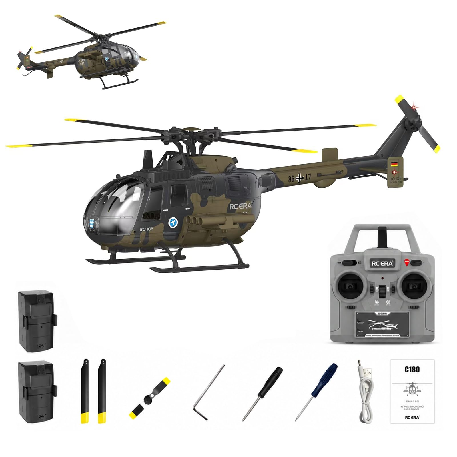 Helicóptero RC ERA C180 BO-105 sin escobillas 6 canales giroscopio de 6 ejes flujo óptico mantenimiento de altitud despegue con un solo botón y vuelo invertido para adultos y principiantes(Camouflage)