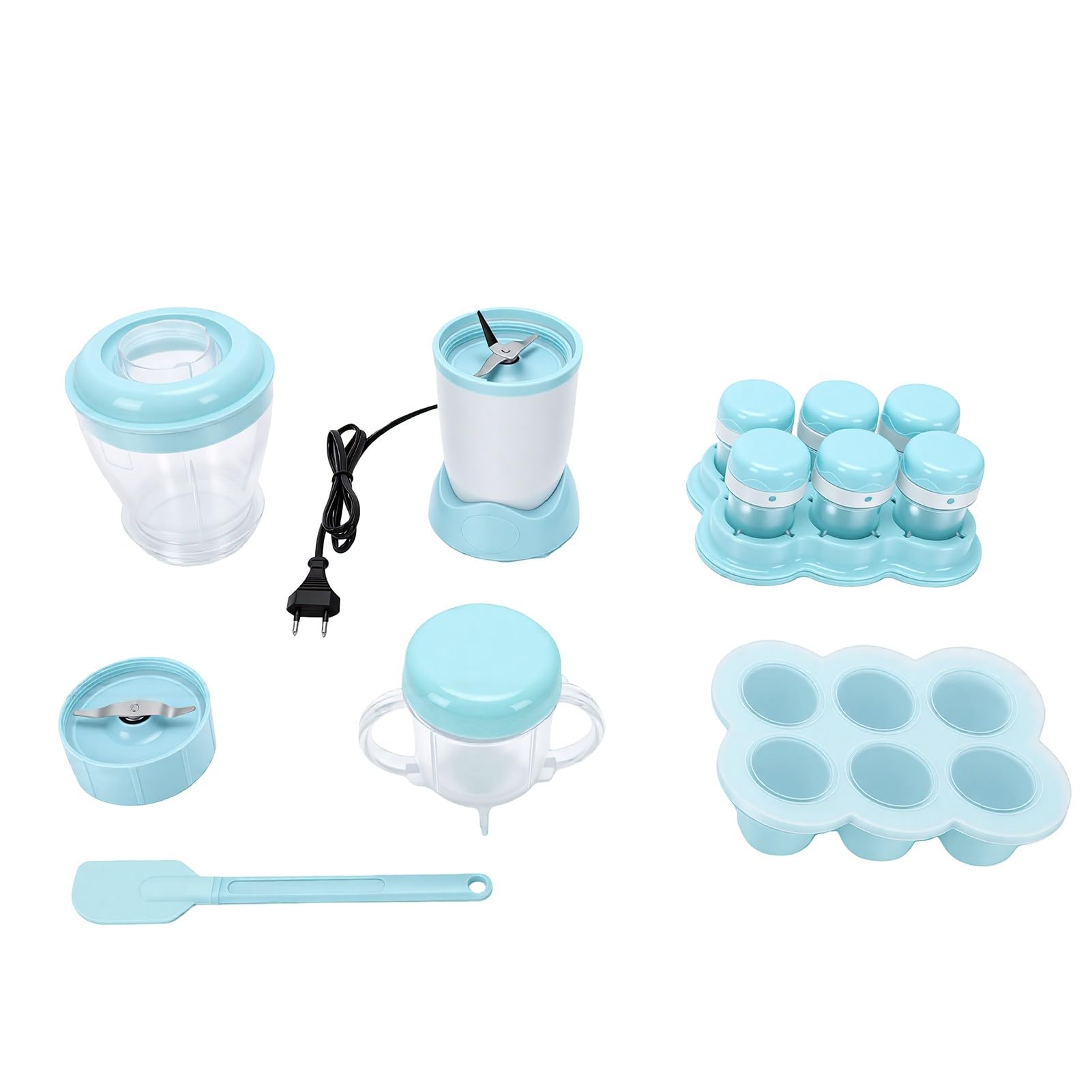 Fockety Robot de Cocina para Bebés, Procesador Multifunción de 200 W con Recipiente para Alimentos y Cuchillas de Acero, Batidora para Purés de Frutas, Verduras y Carnes (Azul Claro) (Enchufe de la