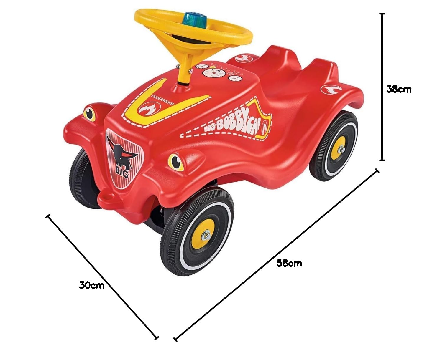 BIG-Bobby-Car-Classic Vigili del fuoco per bambini con adesivi in design pompiere, per ragazzi e ragazze, portata fino a 50 kg, veicolo antiscivolo per bambini a partire da 1 anno, Eor