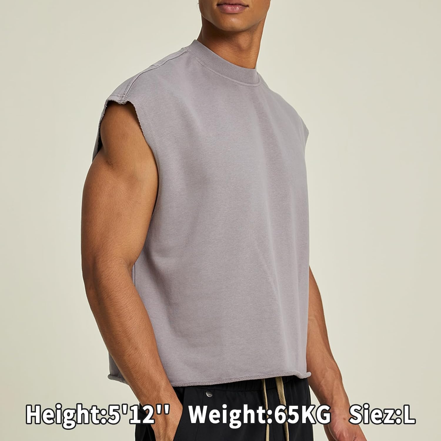 Men’s Cropped Boxy Sleeveless T-Shirt, Oversized Heavyweight French Terry Streetwear Muscle Tee with Raw Hem - Image 5