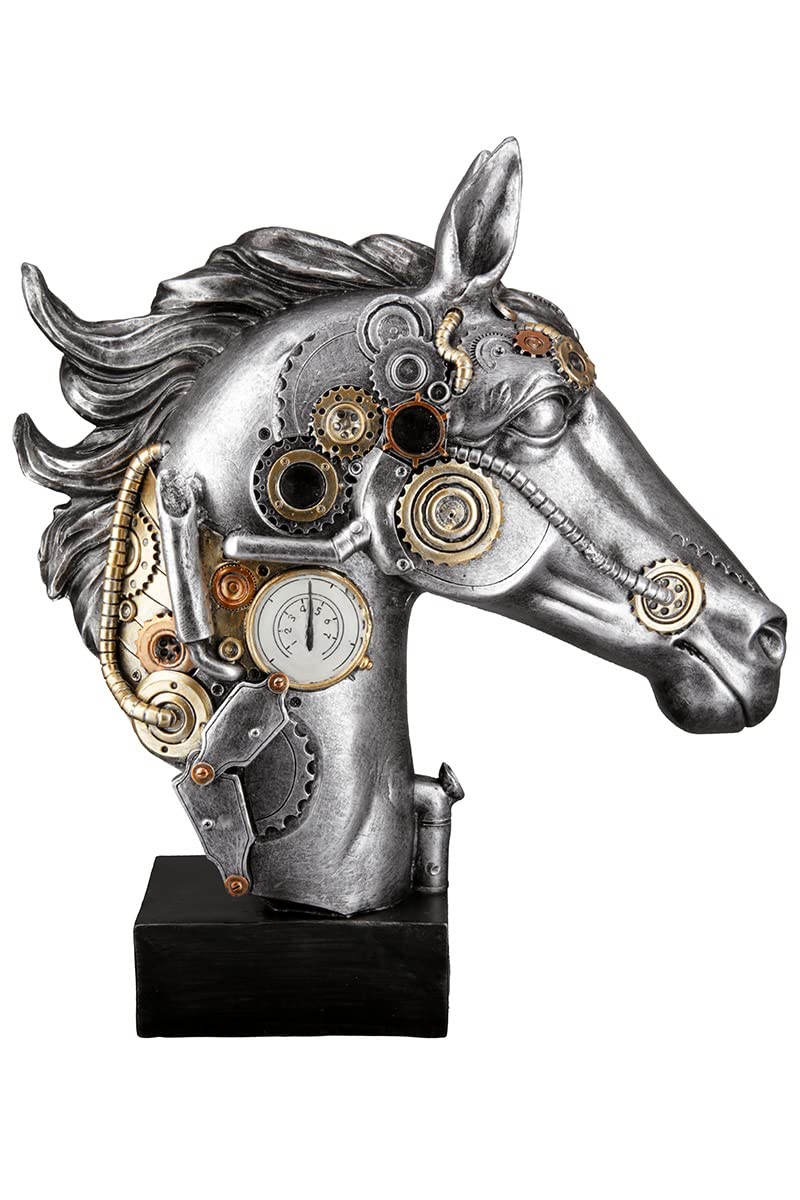 Casablanca dekoracyjna rzeźba figurka steampunk koń z żywicy syntetycznej - akcesoria do salonu - prezent - kolor: srebrny miedź - wysokość 34 cm