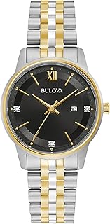 Ladies' Classic Diamond Two-Tone Gold Stainless Steel 3-Hand Calendar Date Quartz Watch, Black Dial, Classic Quartz Two-Tone Stainless Steel Bracelet Diamond