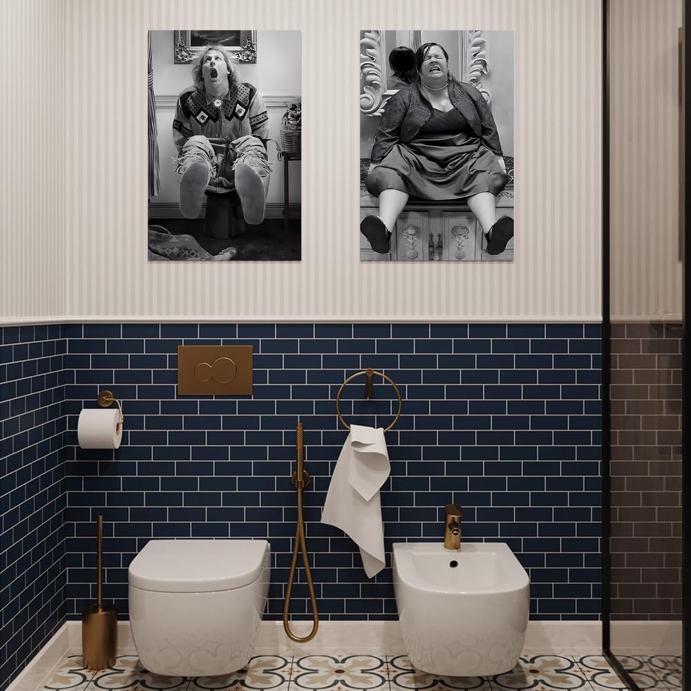 Shrandi Funny Bathroom Wall Art Set of 2,Black and White Vintage Comedy Movie Posters Prints Framed Canvas Humor Bathroom Pictures Painting Wall Decor for Toilet Restroom Guestroom Signs 8"x10" image 2