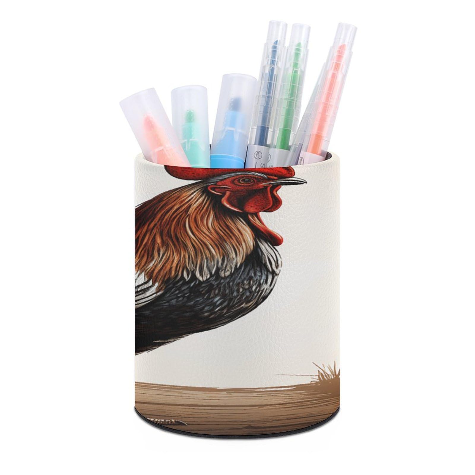 VstaDank Rooster Pen Holder PU Leather Pencil Cup Minimalist Desk Pencil Holder Round Make Up Brush Organizers For Office Dorm Room&Vanity Desk Accessories