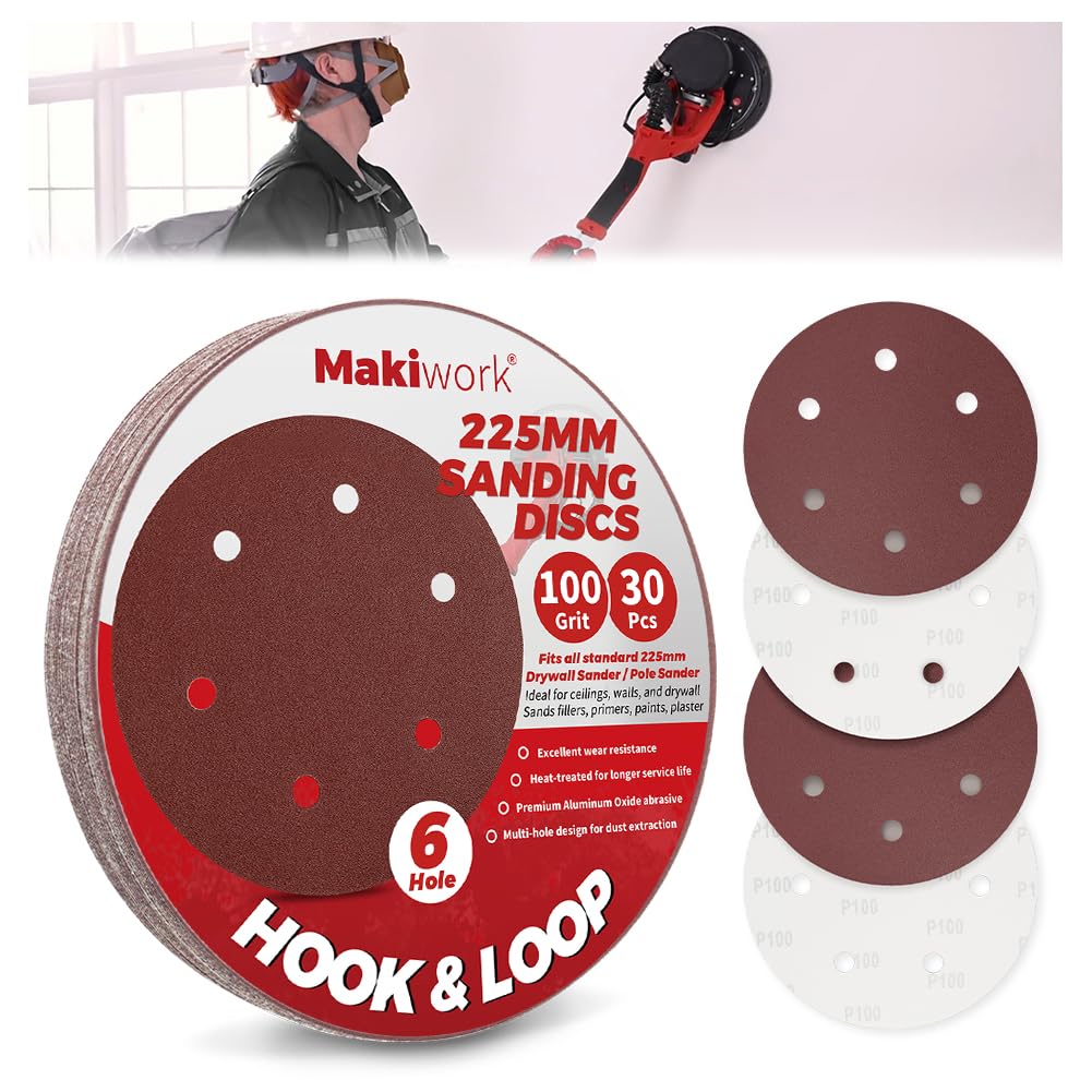Makiwork 30PCS 225mm 6-Hole 100 Grit Hook & Loop Sanding Discs – Heavy-Duty Aluminum Oxide Sandpaper for Drywall Sander, Paint Removal, Wood & Metal Surface Prep