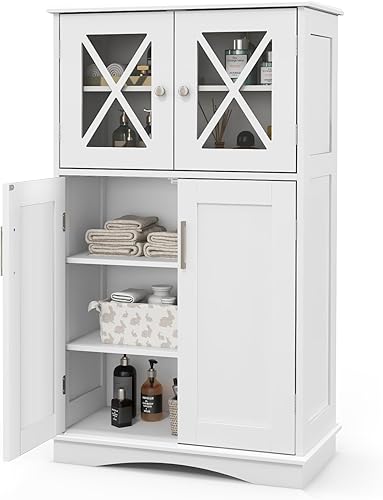 COSTWAY Armario de almacenamiento de baño, armario de piso independiente con 4 puertas y 3 estantes ajustables, armario organizador de baño para