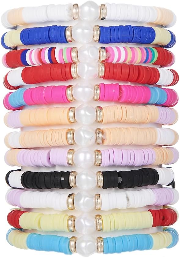 COLORFUL BLING 5-12Pcs Bohemian Love Heart Bead Bracelets for Women Vinyl Disc Heishi Surfer Stackable Stretch Bracelet Summer Beach Boho Jewelry image 2