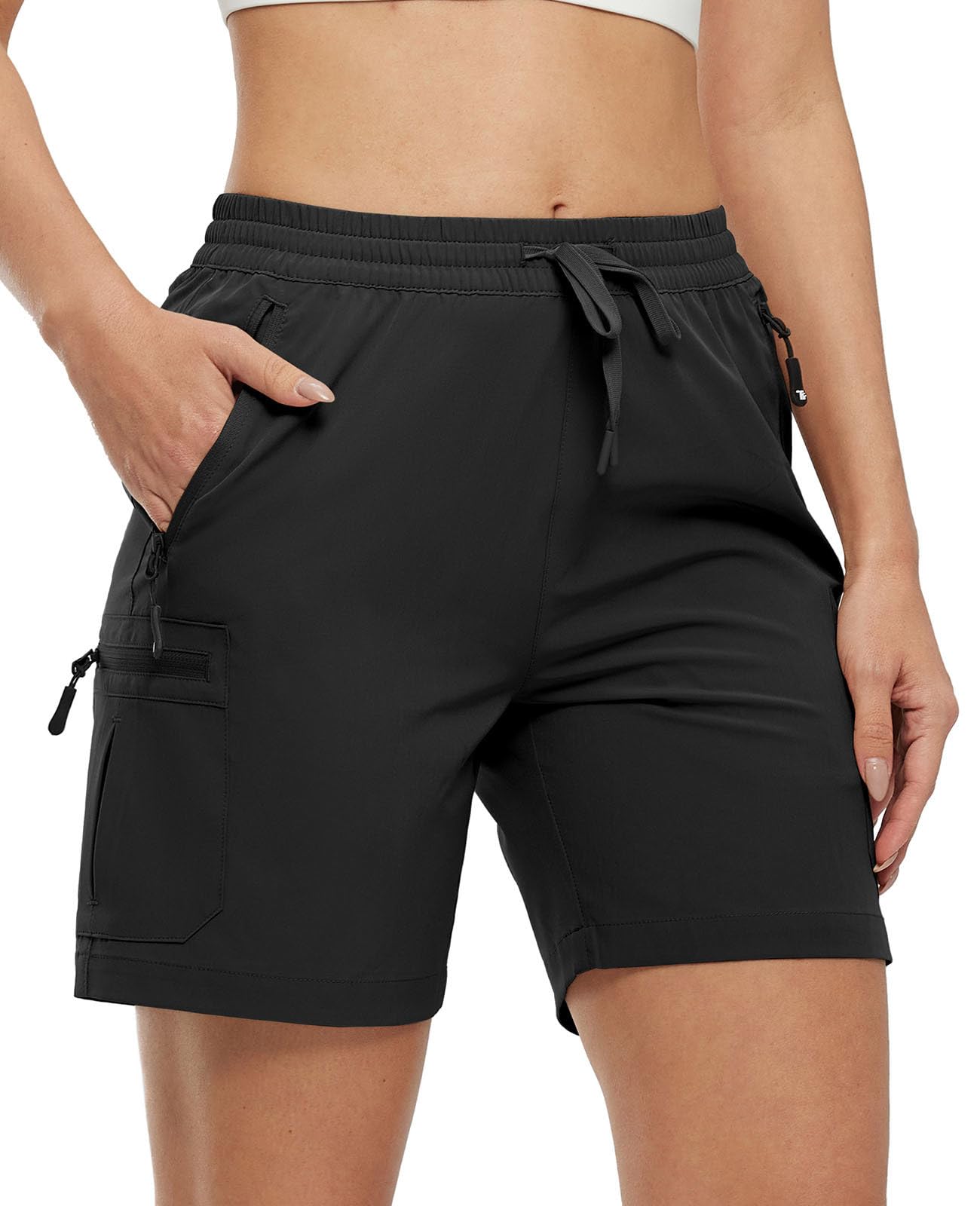 YSENTO Damen Wanderhose Kurz Sommer Leichte Cargohose Sporthose Arbeitshose Schnelltrocknend Atmungsaktiv Outdoor Shorts(Schwarz,L)