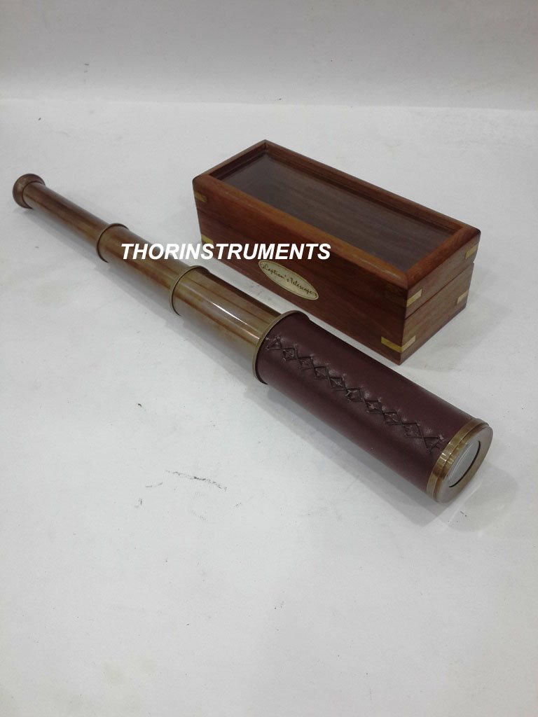 Vintage Nautical Antique Brown Leather Telescope Nautical Captain Spyglass Wooden Box. Rustic Vintage Home Decor Gifts