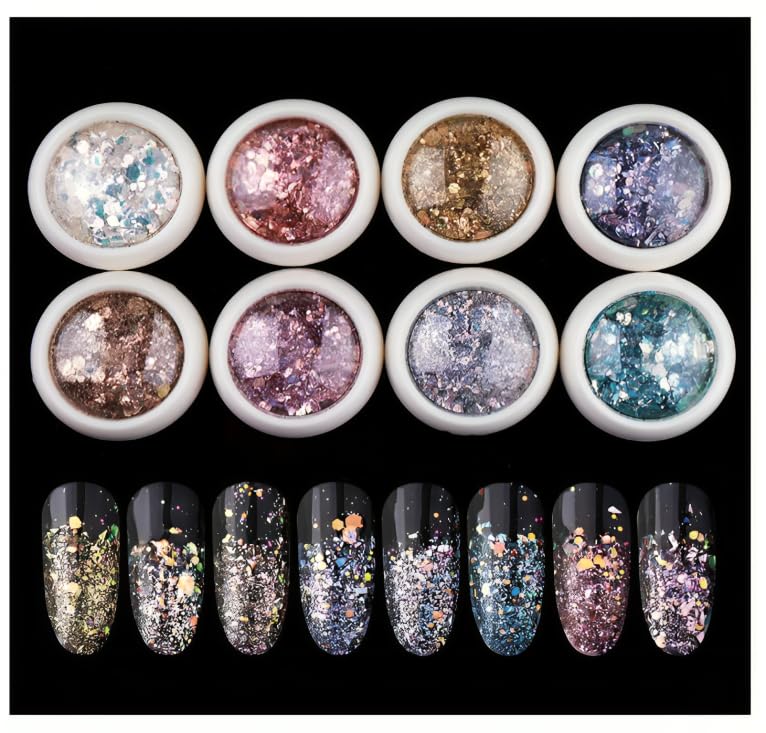 Nail Art Gradient Glitter Magic Color Changing Laser Thin Sequins Mixed Mirror Hexagon Shape Mermaid Flakes Spangles Palette Craft Glitters Holographic Manicure (8 PCSmailers)