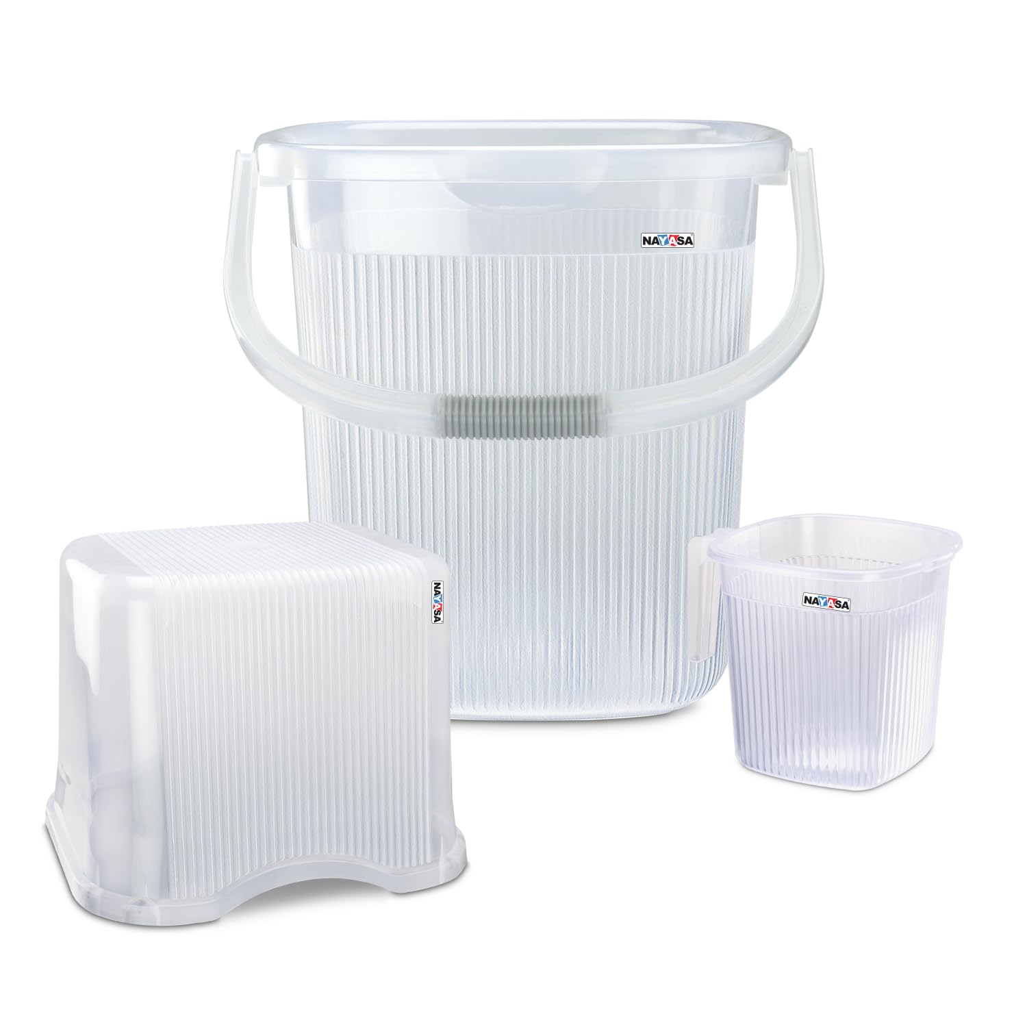 Nayasa Rimmy Plastic Bucket Set for Bathroom | 25 Liters Bucket & 1.5 Liters Mug | Bathroom Set of 3 | Bathroom Accessories Set | Bathroom Bucket Set | Bucket and Mug with Stool | Transparent