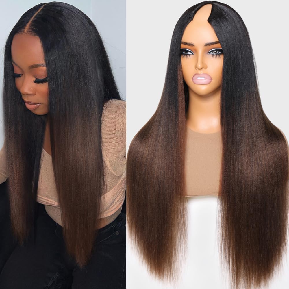 KLAIYI Ombre Brown V Part Wig Yaki Straight Human Hair Upgrade U Part Wig with Dark Roots Glueless Chestnut Brown Clip in Half Wig No Glue No Lace No Leave Out Beginner Wig Wear and Go Wig 150% 22Inch