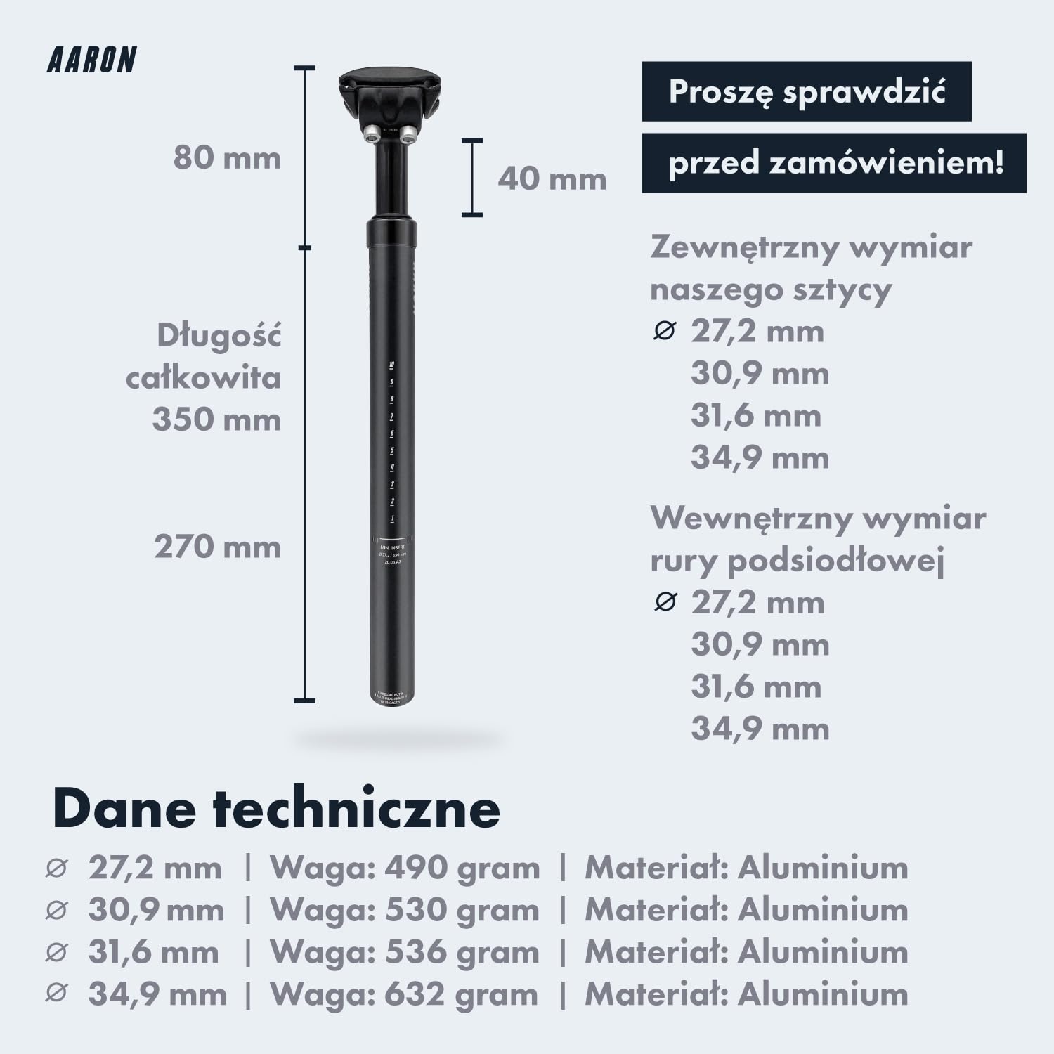 AARON Sprężynowy sztyca siodełka o średnicy 27,2 mm, 30,9 mm lub 31,6 mm, aluminiowa, sprężynowa sztyca siodełka o długości 350 mm, do roweru elektrycznego, roweru górskiego,