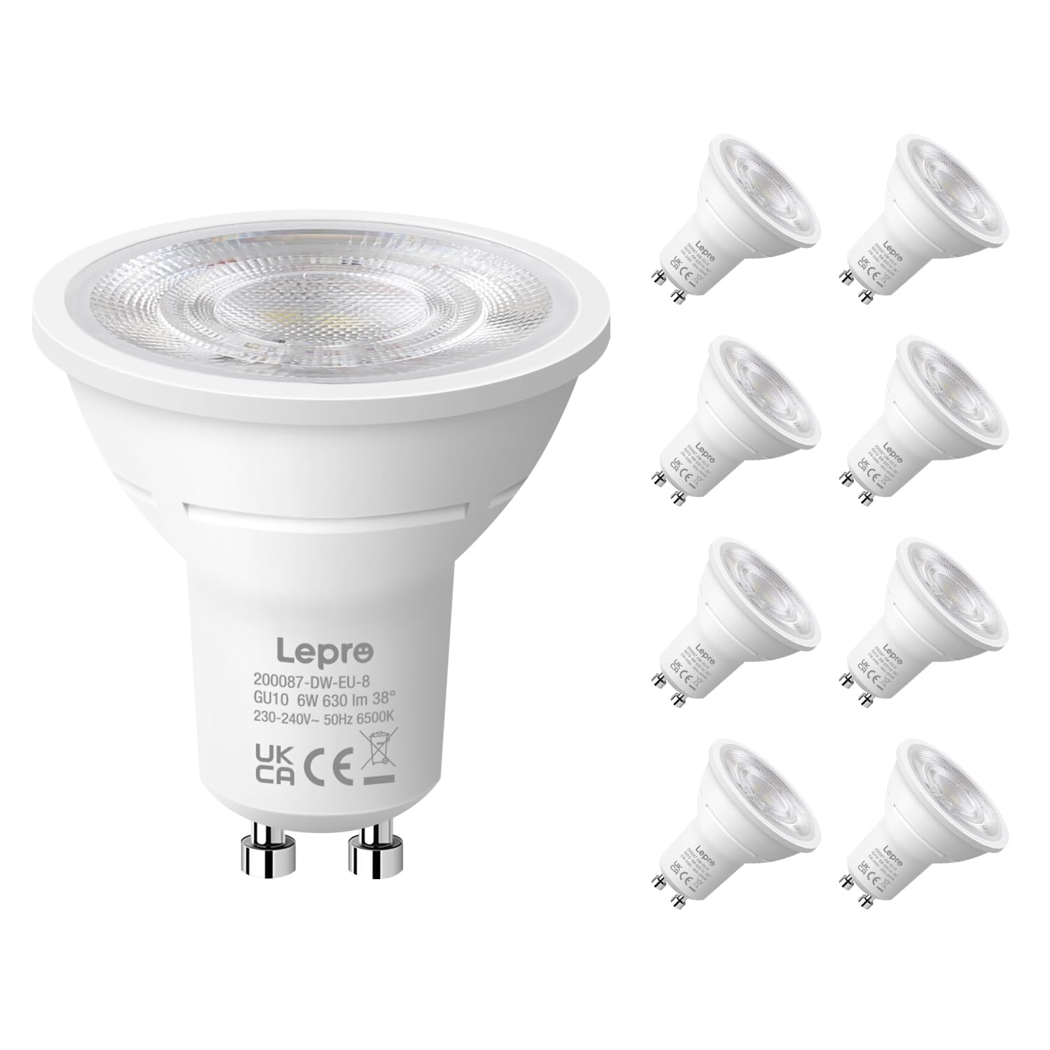 Lepro GU10 LED Kaltweiß 6W Lampe, 6500K Tageslichtweiß, 630 Lumen, 38° Abstrahlwinkel, Nicht dimmbar Reflektorlampe, Energiesparendes GU10 LED Leuchtmittel für Büro, Arbeitszimmer, Flur,8 Stück