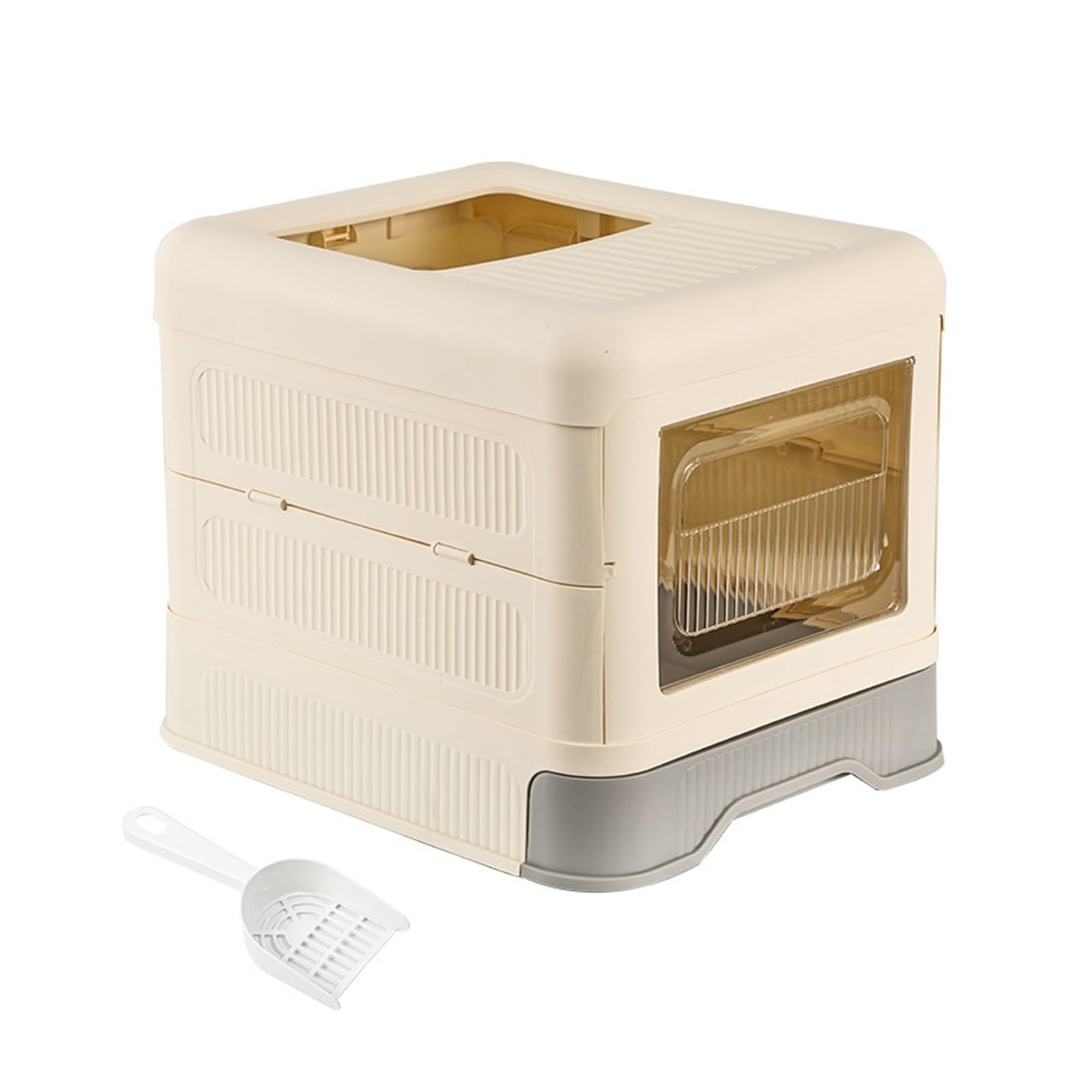 Caja de arena para gatos totalmente cerrada con tapa y cajón, plegable, entrada frontal, bandeja de salida superior, antisalpicaduras (gris)