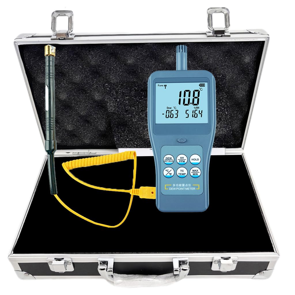 Thermocouple Dew Point Meter with Resolution 0.01 Large LCD Display Surface Temperature, PPM and 7 Other Measurement Parameters for Spraying Industry,workshops, Warehouses,Laboratories,etc