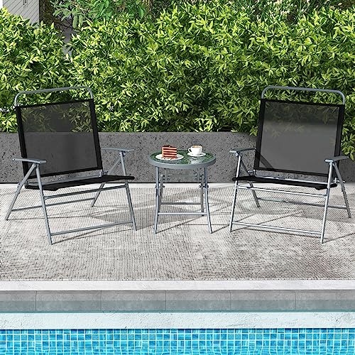 Image of Tangkula 3 Piece Patio Folding Chair Set, Outdoor Metal Conversation Set w /Coffee Table, Extra-Large Seat, Stable Metal Frame, Portable Folding Chair & Table Set for Front Porch, Backyard